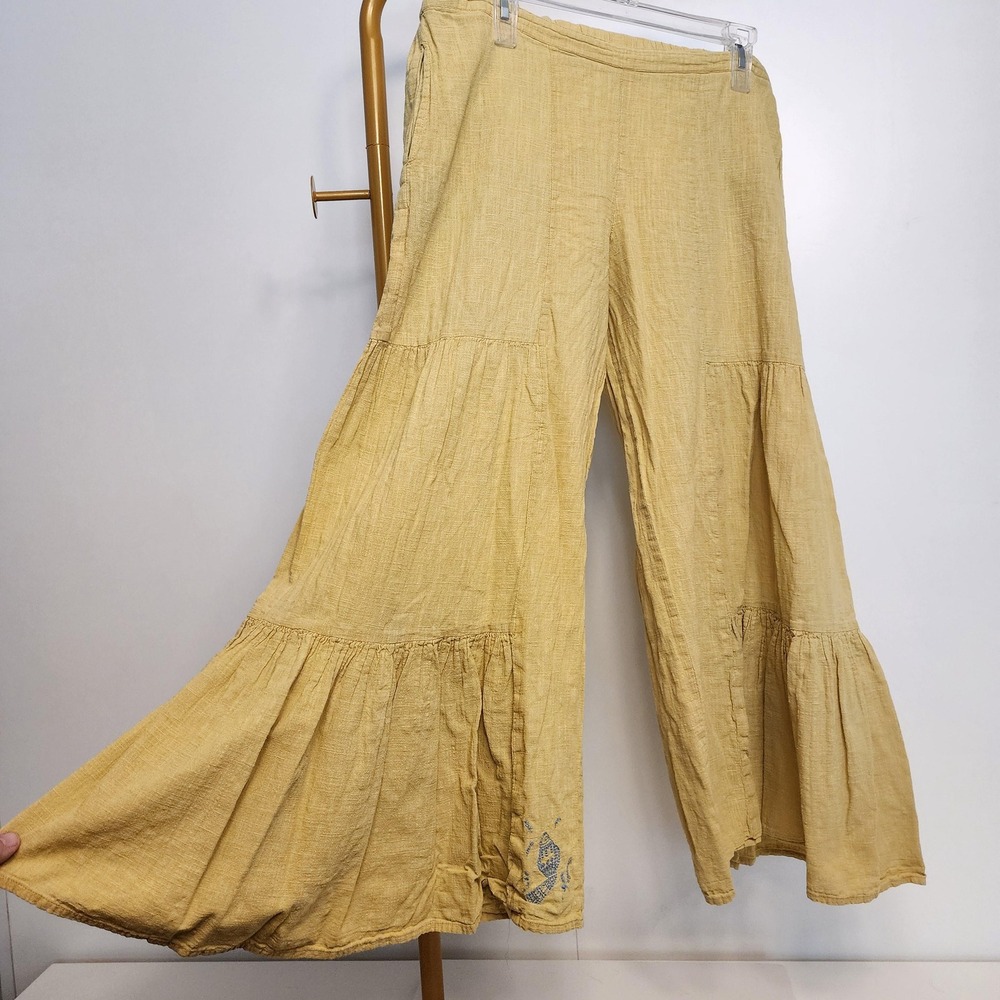 XL Mustard Mid-Rise Tiered Palazzo Pants With Embroidered Snake by Ajio